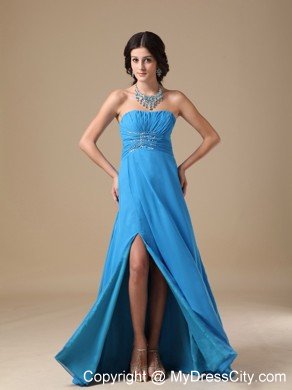 Teal Strapless High Slit Chiffon Beading 2013 Prom Party Dress