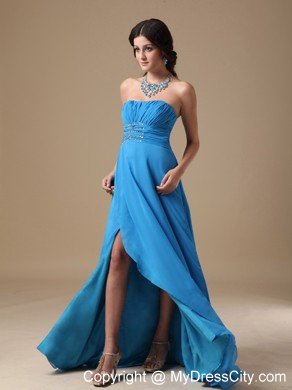 Teal Strapless High Slit Chiffon Beading 2013 Prom Party Dress