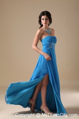 Teal Strapless High Slit Chiffon Beading 2013 Prom Party Dress