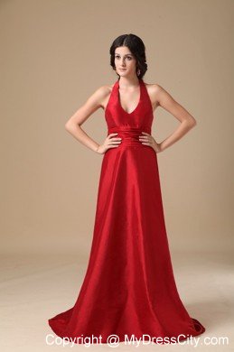Wine Red Halter Long Taffeta Informal Prom Dress for Party