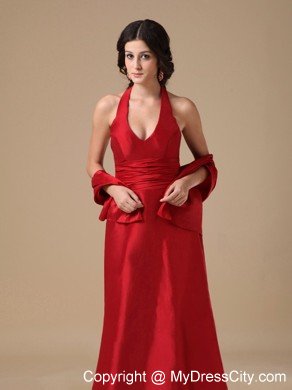Wine Red Halter Long Taffeta Informal Prom Dress for Party