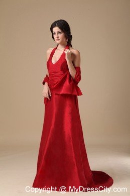 Wine Red Halter Long Taffeta Informal Prom Dress for Party
