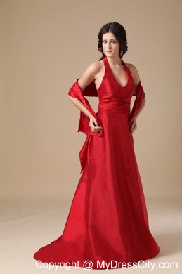 Wine Red Halter Long Taffeta Informal Prom Dress for Party