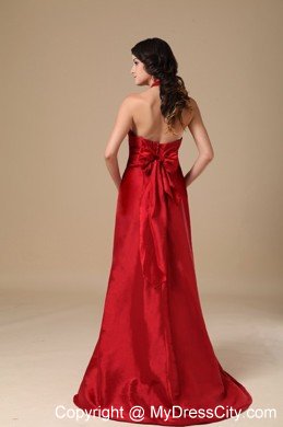 Wine Red Halter Long Taffeta Informal Prom Dress for Party