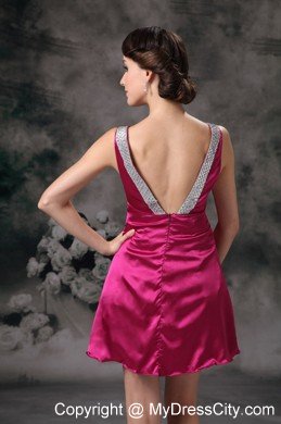 2013 Column Fuchsia V-neck Beading Short Prom gowns with Backless