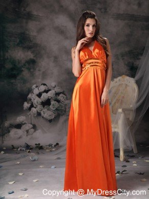 Gorgeous Orange Red Halter Beading Prom Evening Dress