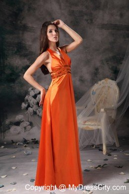 Gorgeous Orange Red Halter Beading Prom Evening Dress