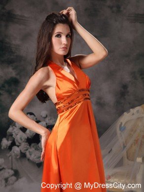 Gorgeous Orange Red Halter Beading Prom Evening Dress