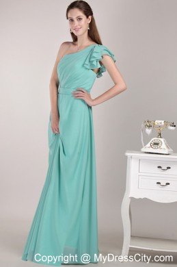 Turquoise Empire One Shoulder Long Ruches Prom Graduation Dress