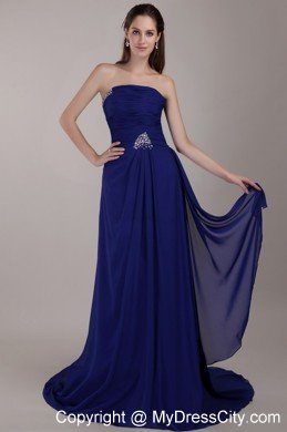 Peacock Blue Strapless Court Train Beading Ruches Dress For Prom