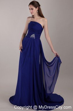Peacock Blue Strapless Court Train Beading Ruches Dress For Prom