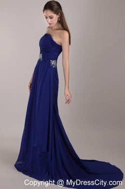 Peacock Blue Strapless Court Train Beading Ruches Dress For Prom