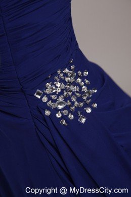 Peacock Blue Strapless Court Train Beading Ruches Dress For Prom