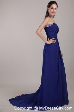 Peacock Blue Strapless Court Train Beading Ruches Dress For Prom