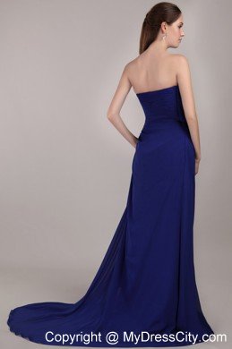 Peacock Blue Strapless Court Train Beading Ruches Dress For Prom