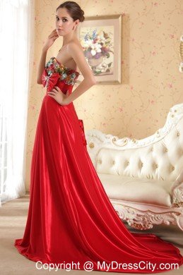Red Sweetheart Court Train Beading and Bow Prom Evening Dress