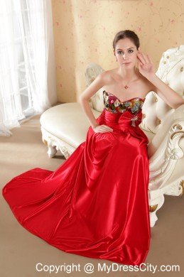 Red Sweetheart Court Train Beading and Bow Prom Evening Dress