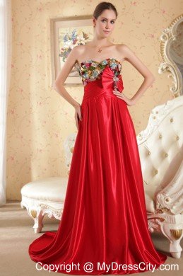 Red Sweetheart Court Train Beading and Bow Prom Evening Dress