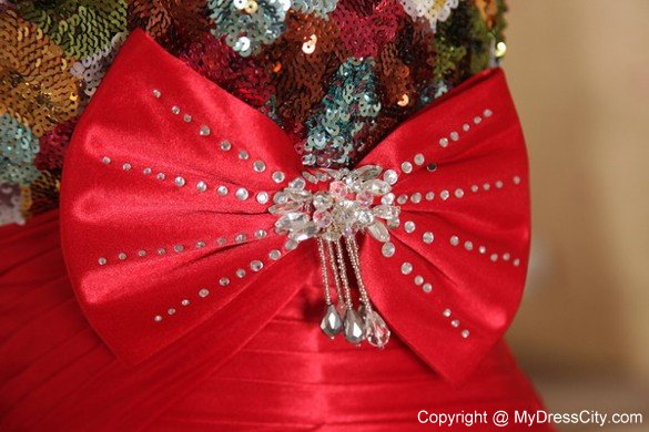 Red Sweetheart Court Train Beading and Bow Prom Evening Dress