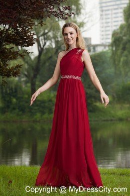 Wine Red Empire One Shoulder Beading Prom Graduation Dress