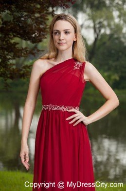Wine Red Empire One Shoulder Beading Prom Graduation Dress