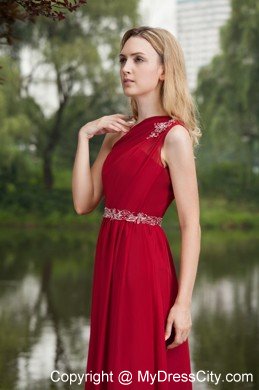 Wine Red Empire One Shoulder Beading Prom Graduation Dress