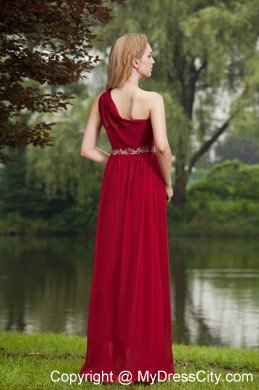 Wine Red Empire One Shoulder Beading Prom Graduation Dress