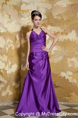 Cheap Purple Column Halter Taffeta Ruches Prom gowns for Girl
