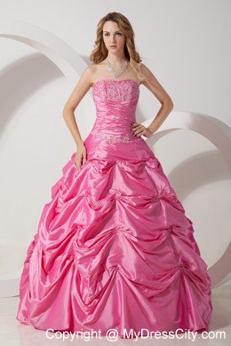 Rose Pink Strapless Taffeta Appliques Sweet Sixteen Dress