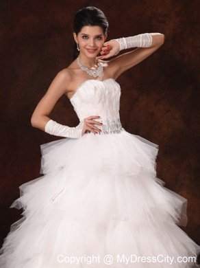 Feather Beading Decorated Waist Tulle Sweetheart Wedding Dress