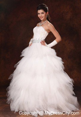 Feather Beading Decorated Waist Tulle Sweetheart Wedding Dress