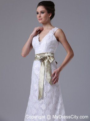 High-low V-Neck Lace Summer Wedding Dress with Apple Green Sash