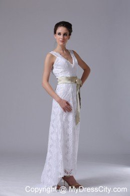 High-low V-Neck Lace Summer Wedding Dress with Apple Green Sash