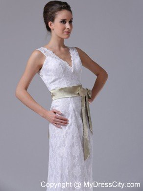 High-low V-Neck Lace Summer Wedding Dress with Apple Green Sash