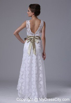High-low V-Neck Lace Summer Wedding Dress with Apple Green Sash