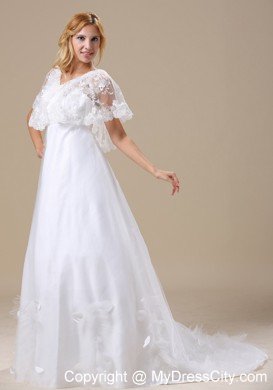 Custom Made Brush Train Lace Wedding Dress with Short Sleeves