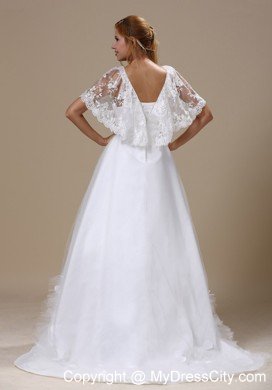 Custom Made Brush Train Lace Wedding Dress with Short Sleeves