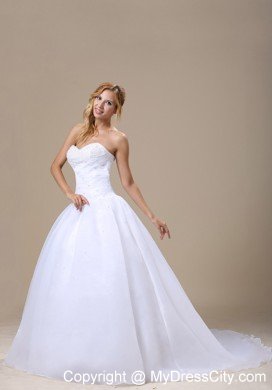 Beaded Sweetheart Ruched Bodice A-line Court Train Wedding Dress