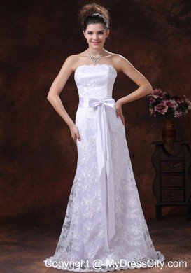Slinky Lace Over Skirt Strapless Column Wedding Dress with Sash