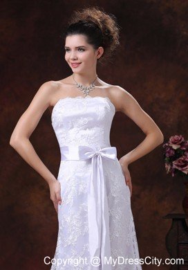 Slinky Lace Over Skirt Strapless Column Wedding Dress with Sash