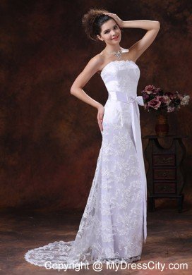 Slinky Lace Over Skirt Strapless Column Wedding Dress with Sash