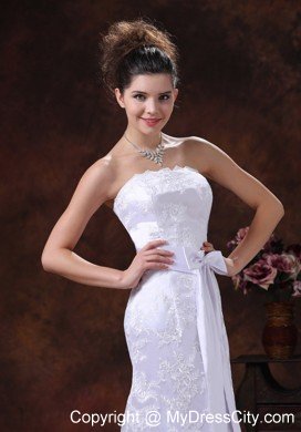 Slinky Lace Over Skirt Strapless Column Wedding Dress with Sash