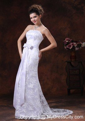 Slinky Lace Over Skirt Strapless Column Wedding Dress with Sash