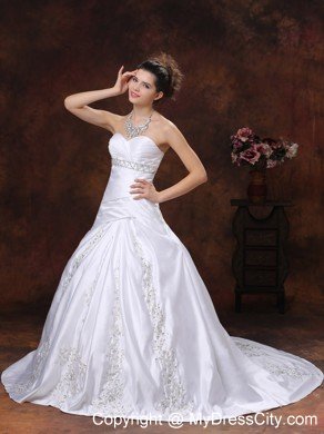 Ruched Bodice Embroidery Wedding Dress with Beaded Sweetheart