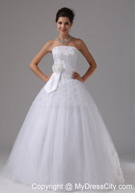 Ball Gown Wedding Dress with Hand Made Flowers and Lace Bodice