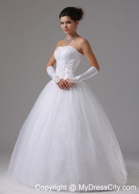 A-line Wedding Dress with Lace Decorated Waist and Beaded Bust