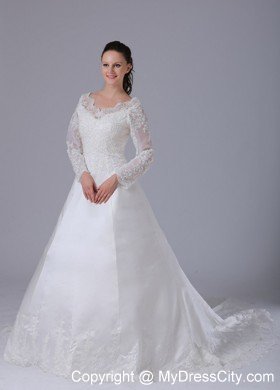 A-line V-neck Long Sleeves Lace Wedding Dress with Court Train