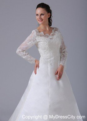 A-line V-neck Long Sleeves Lace Wedding Dress with Court Train