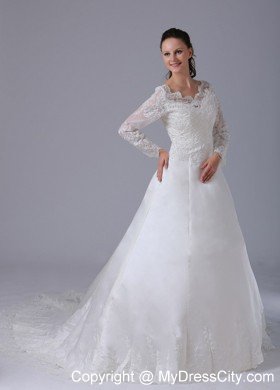 A-line V-neck Long Sleeves Lace Wedding Dress with Court Train