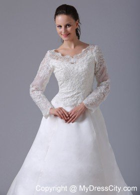 A-line V-neck Long Sleeves Lace Wedding Dress with Court Train
